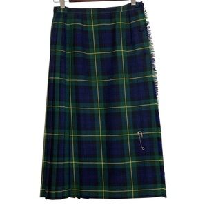 Vintage Kilt Womens XS Gordon Tartan Plaid Blue Green Wool Pleated Midi Skirt